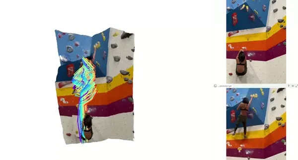 Dense 3D motion tracks follow a moving person across video frames.
