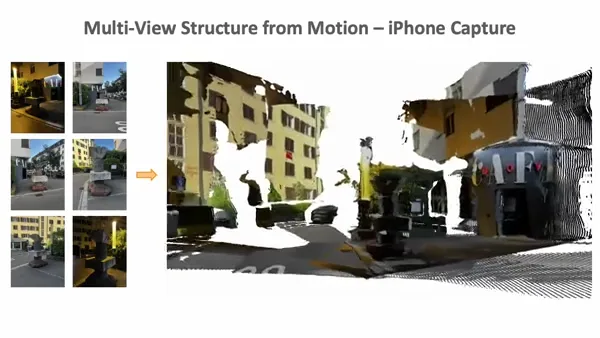 Images and reconstructed 3D geometry of an outdoor scene.