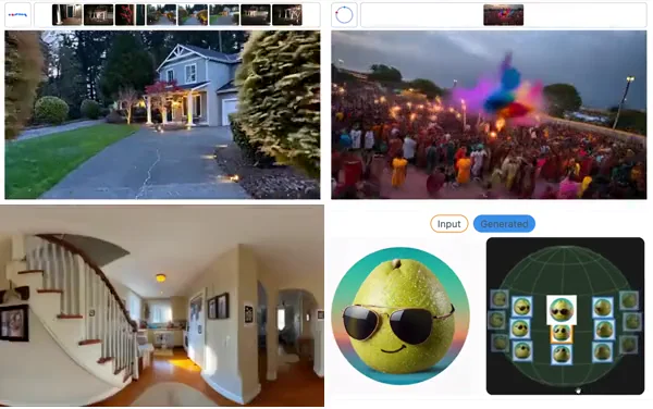 Four Pomelo examples: a house generated from sparse images, a festival video generated from an image, an indoor panorama generated from text, and new viewpoints of a pomelo wearing sunglasses.