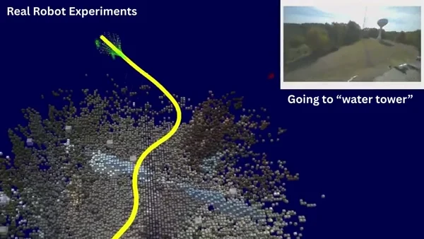 An aerial robot explores an outdoor environment using semantic scene memory.